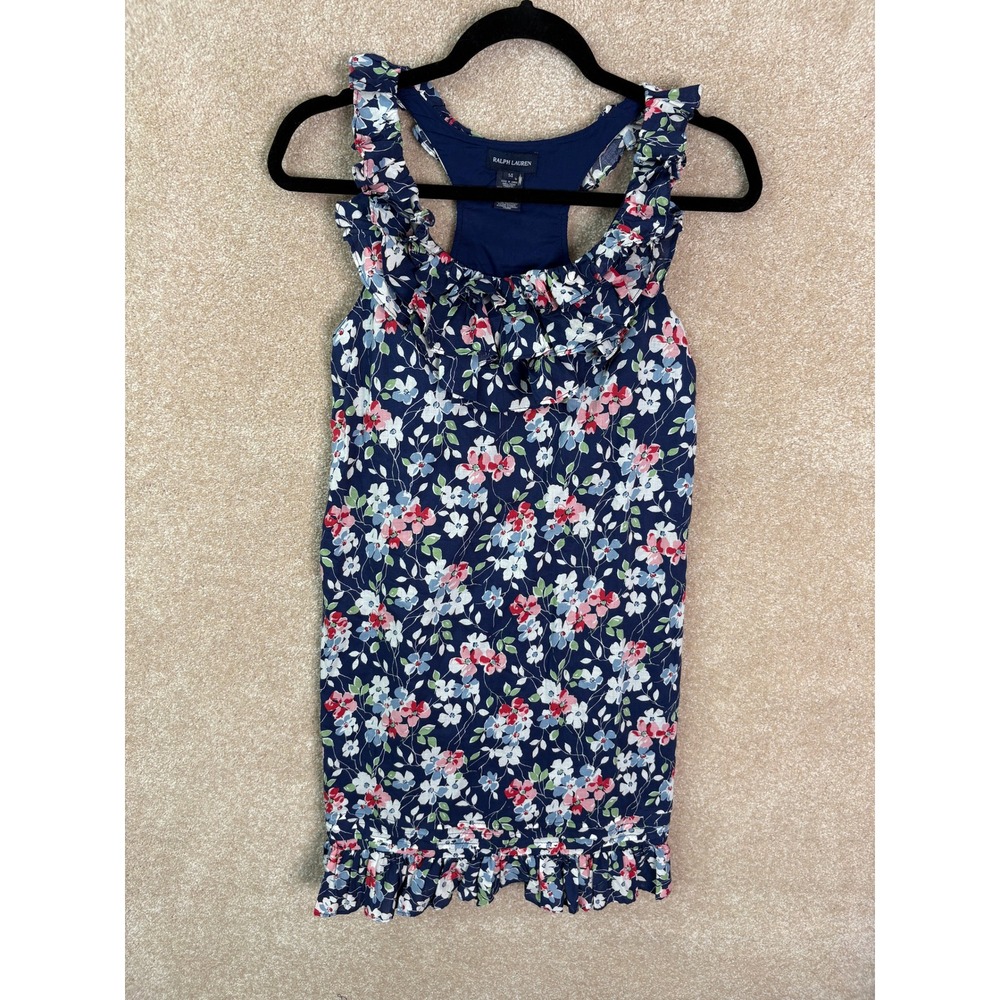 RALPH LAUREN Floral Dress Girls Size 14 Navy Blue Summer Preppy Designer